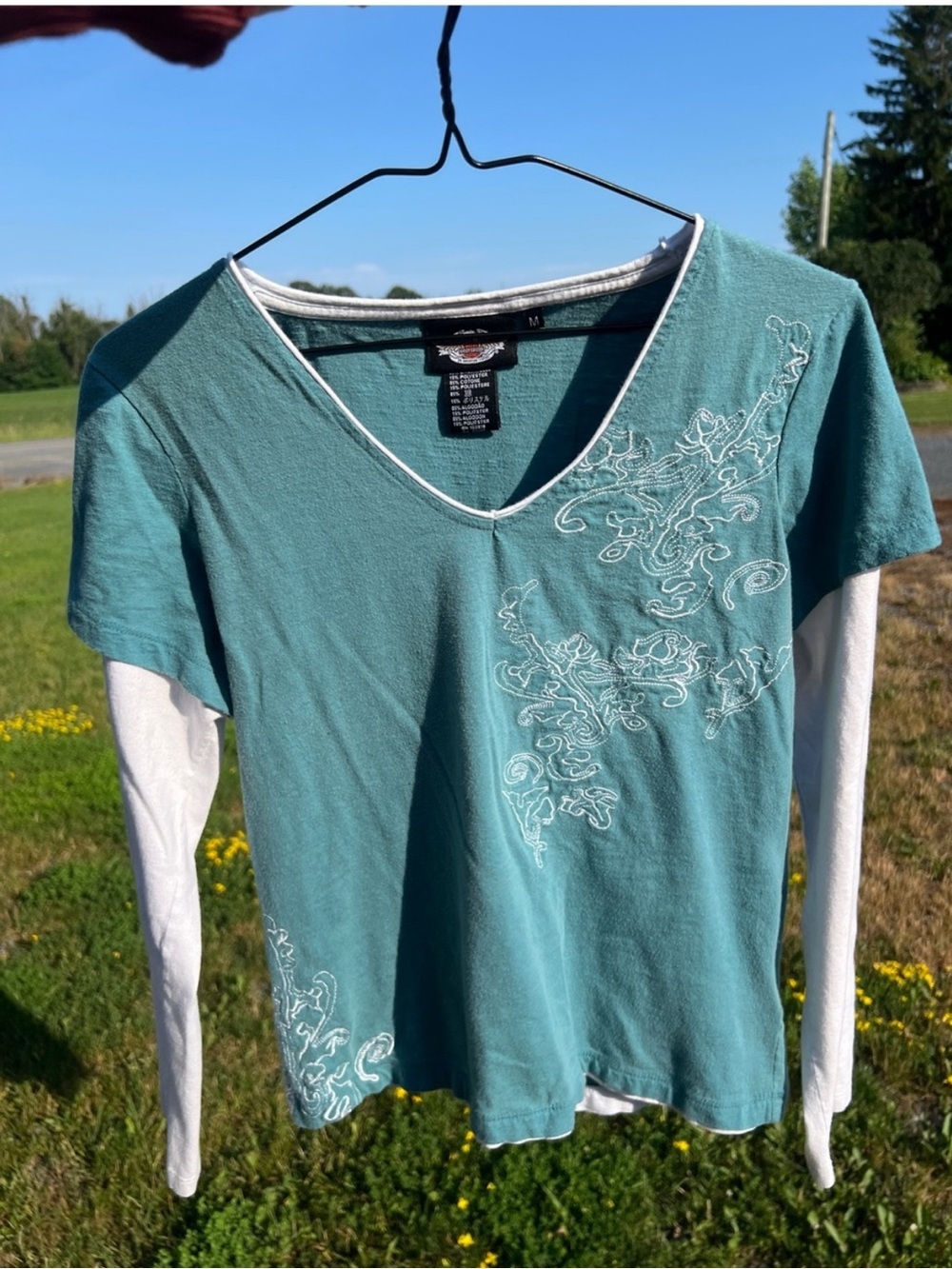 Harley-Davidson Teal & White Long Sleeve Layered Top M